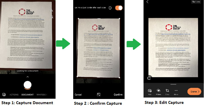 Visual depiction of document scanning process using Microsoft Lens